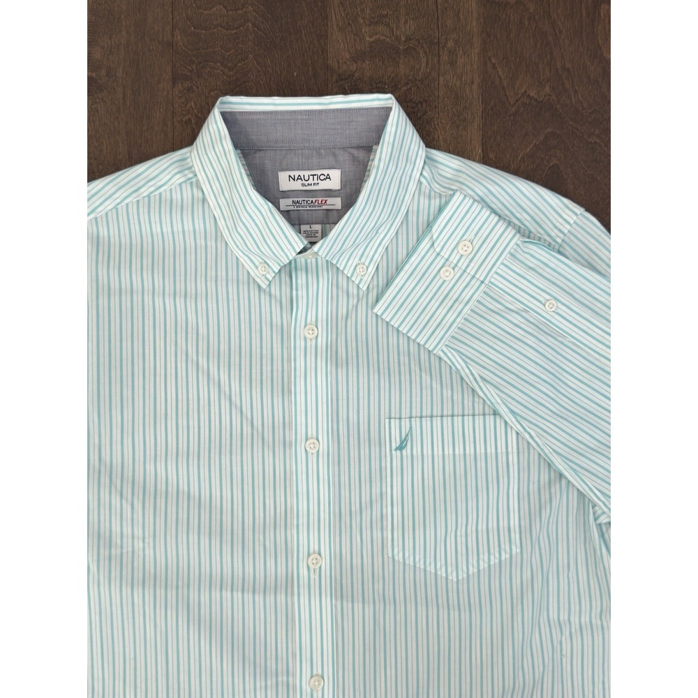Nautica Flex Mens Slim Fit Blue Stripe Button Down Shirt L WR8311 Stretch NWT